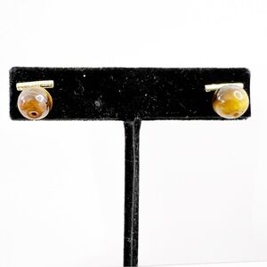 Tiger Eye Gemstone Stud Earrings - Minimalist Gold Accent